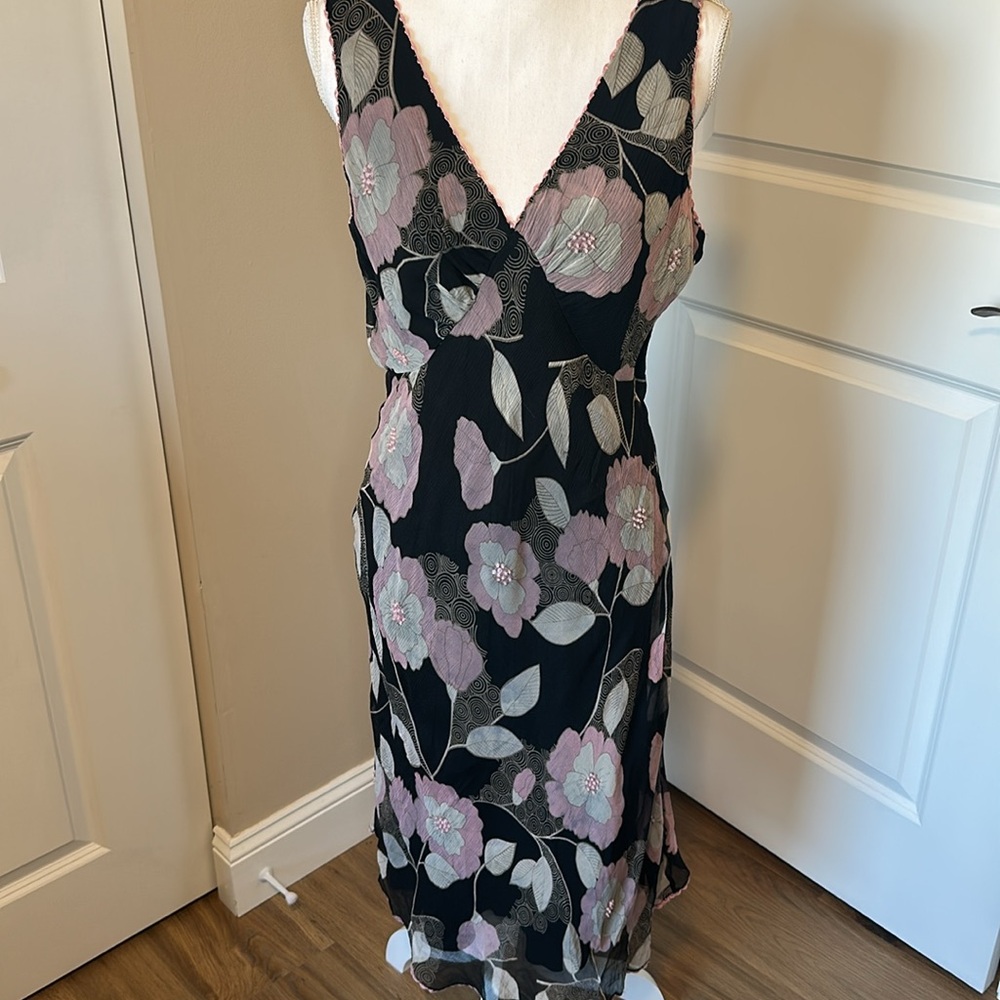 Vintage 100% silk Floral Sleeveless Dress - Black Pink and Grey